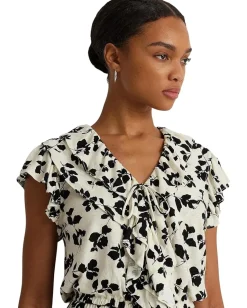 Women Lauren Ralph Lauren Leaf-Print Ruffle-Trim Jersey Peplum Top