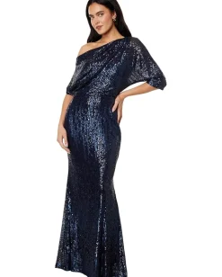 Women Betsy & Adam Long 3/4 Sleeve Off-the-Shoulder Sequin Dress