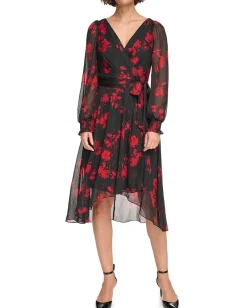 DKNY Long Balloon Sleeve with Wrap Skirt Black/Scarlet Best