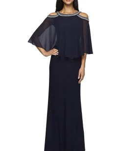 Alex Evenings Long Chiffon Cold-Shoulder Popover Dress Navy