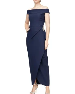 Women Alex Evenings Long Compression Off-the-Shoulder Dress with Hip Embellishment
