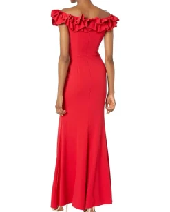 Women XSCAPE Long Crepe Over-the-Shoulder Ruffle Gown