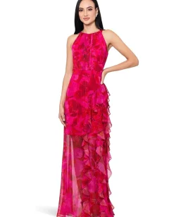 Betsy & Adam Long HMC Printed Ruffle Fushia/Poppy