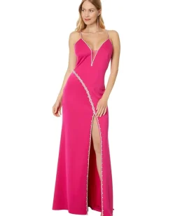 Women Betsy & Adam Long Jersey Spaghetti Strap Rhinestone