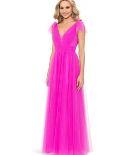 Women Betsy & Adam Long Mesh V-Neck Ballgown