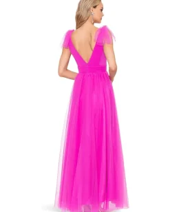 Women Betsy & Adam Long Mesh V-Neck Ballgown