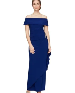Women Alex Evenings Long Off-the-Shoulder Dress With Fold-Over Cuff, Embellishment Detail at Hip and Cascade Ruffle Skirt