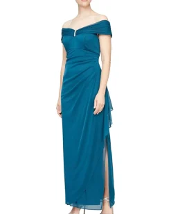 Alex Evenings Long Off-the-Shoulder Mesh Dress with Embellished Neckline Peacock