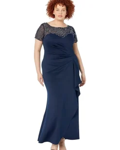 XSCAPE Long Scuba Dress with Ruching, Ruffles and Beading Midnight Outlet