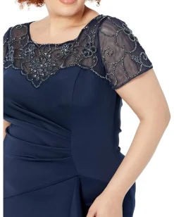 XSCAPE Long Scuba Dress with Ruching, Ruffles and Beading Midnight Outlet