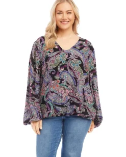 Karen Kane Long Sleeve Blouson Top Paisley New