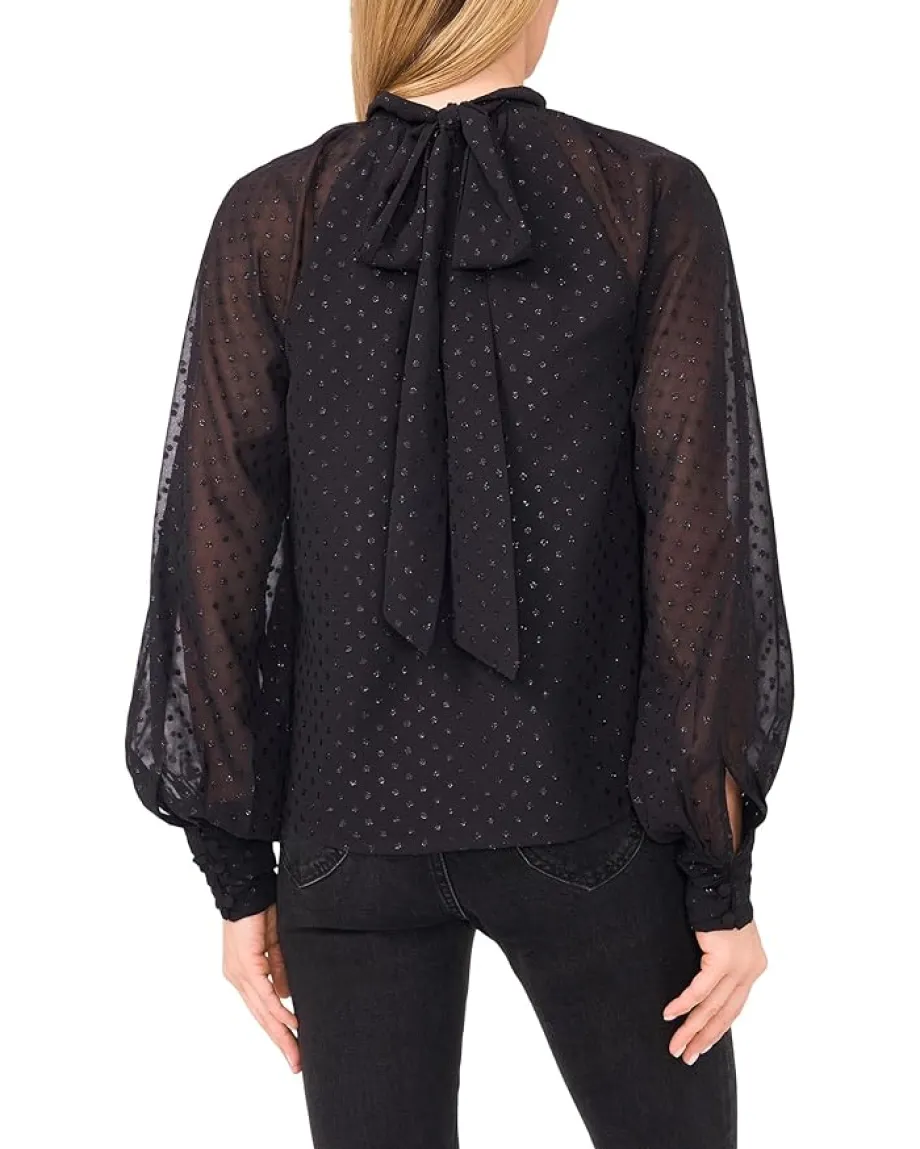 CeCe Long Sleeve Bow Neck Clip Dot Blouse Rich Black Best