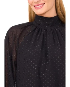 CeCe Long Sleeve Bow Neck Clip Dot Blouse Rich Black Best