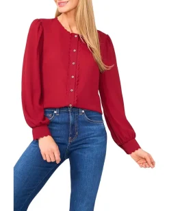 CeCe Long Sleeve Button Down Scalloped Top Mulberry Red Outlet