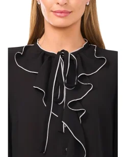 CeCe Long Sleeve Button-Down Ruffle Top Rich Black Clearance