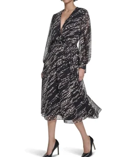 Calvin Klein Long Sleeve Chiffon Shirtdress Black Multi Online