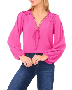 Women CeCe Long Sleeve Circular Trim Pintuck Top