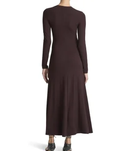 Vince Long Sleeve Crew Curved Seam Rouched Dress Dark Fig Best