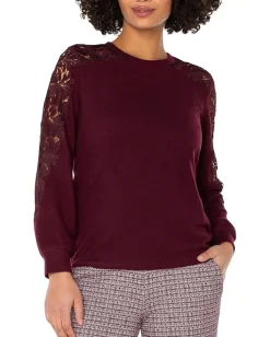 Liverpool Los Angeles Long Sleeve Crew Neck Lace Inset Knit Top Burgundy Best