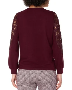 Liverpool Los Angeles Long Sleeve Crew Neck Lace Inset Knit Top Burgundy Best