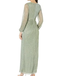 Women Adrianna Papell Long Sleeve Crinkle Metallic Gown with Draped Waist Detail