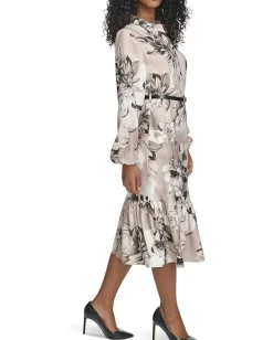 Women Calvin Klein Long Sleeve Dot Crepe Belted Bubble Hem Midi