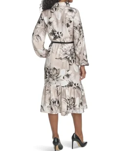 Women Calvin Klein Long Sleeve Dot Crepe Belted Bubble Hem Midi