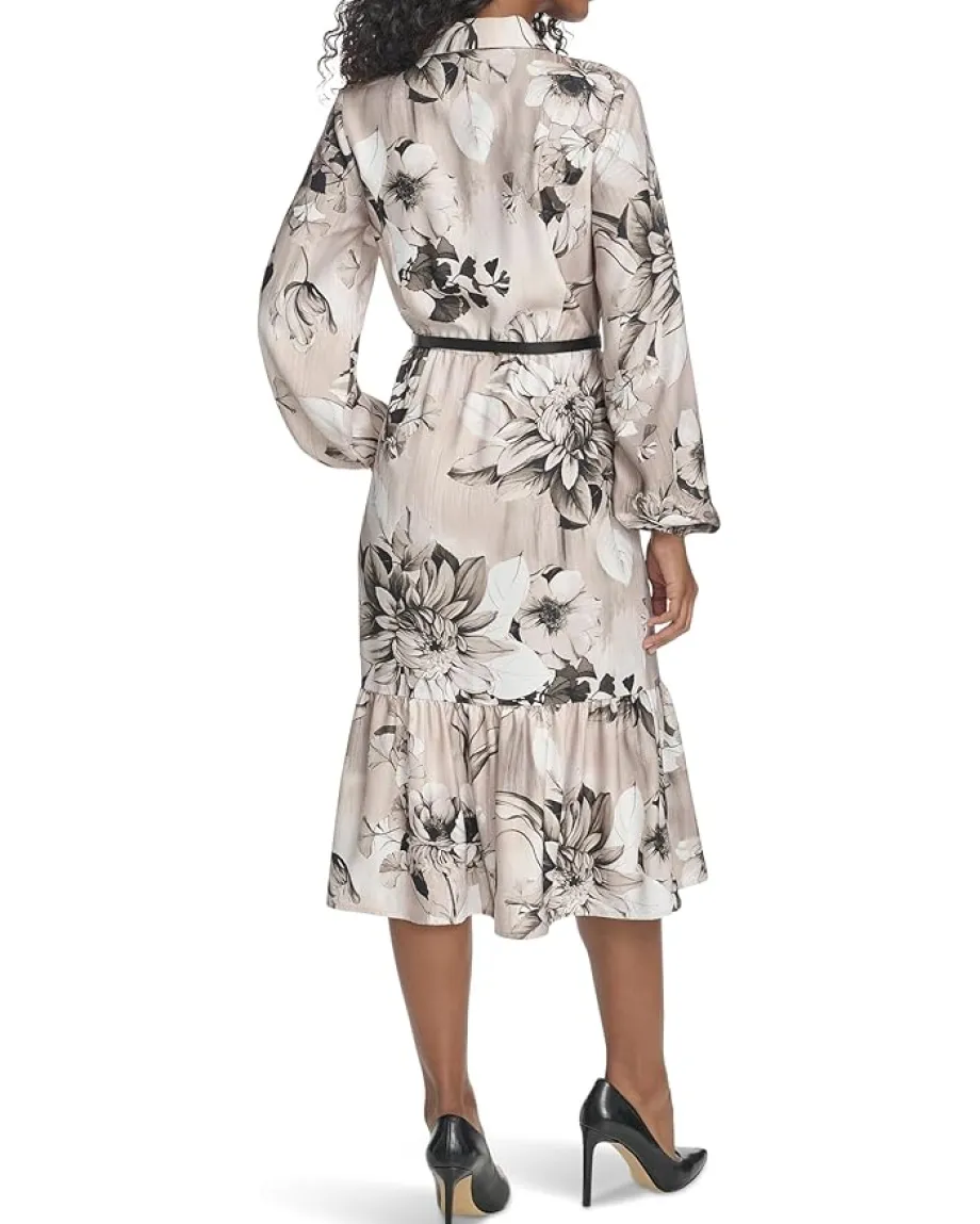 Women Calvin Klein Long Sleeve Dot Crepe Belted Bubble Hem Midi