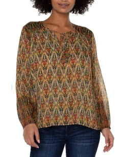 Women Liverpool Los Angeles Long Sleeve Double Layer Tie Front Woven Blouse