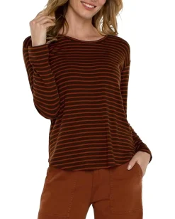 Liverpool Los Angeles Long Sleeve Drop Shoulder Scoop Neck Rib Knit Top Tumeric Stripe Sale