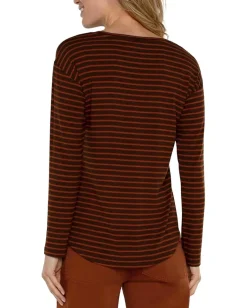 Liverpool Los Angeles Long Sleeve Drop Shoulder Scoop Neck Rib Knit Top Tumeric Stripe Sale