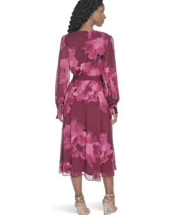 Calvin Klein Long Sleeve Faux Wrap V-Neck Midi Rosewood Multi Online