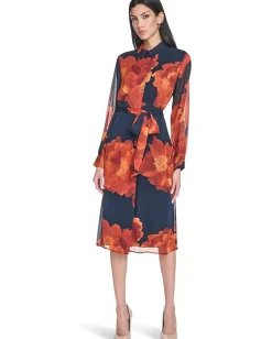 Women Calvin Klein Long Sleeve Floral Chiffon Midi with Self Tie