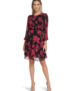 Calvin Klein Long Sleeve Floral Chiffon A-Line Black/Red Multi Discount