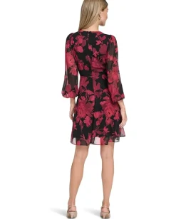 Calvin Klein Long Sleeve Floral Chiffon A-Line Black/Red Multi Discount