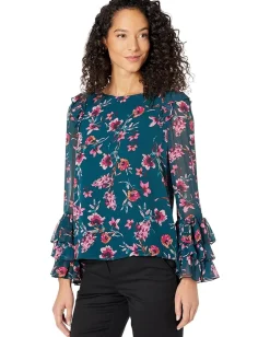 CeCe Long Sleeve Floral Moment Blouse w/ Ruffle Cuff Vivid Teal