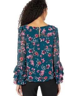 CeCe Long Sleeve Floral Moment Blouse w/ Ruffle Cuff Vivid Teal