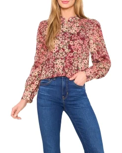 Women CeCe Long Sleeve Hidden Placket Floral Top