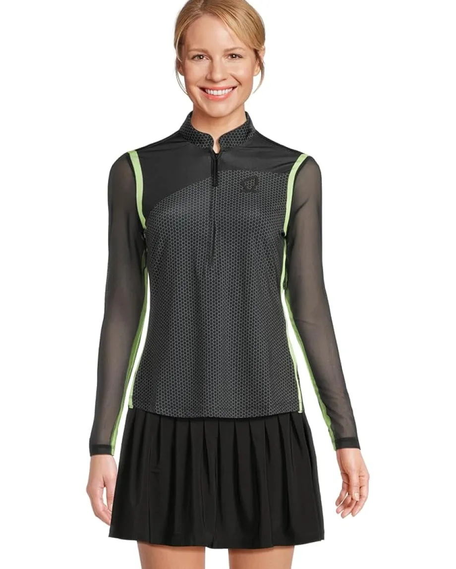 Jamie Sadock Long Sleeve Honey Comb 1/4 Zip Top Black Lime Hot