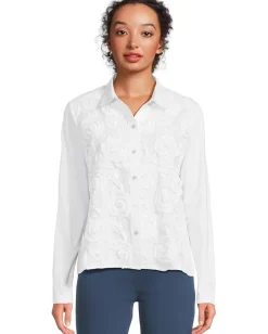 Women Elliott Lauren Long Sleeve Knit And Woven Combo Shirt With Rosette Detail