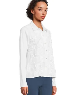 Women Elliott Lauren Long Sleeve Knit And Woven Combo Shirt With Rosette Detail