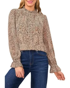 Women CeCe Long Sleeve Leopard Ruffled Top