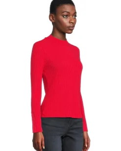Liverpool Los Angeles Long Sleeve Mock Neck Knit Top With Button Detail Tango Red Sale