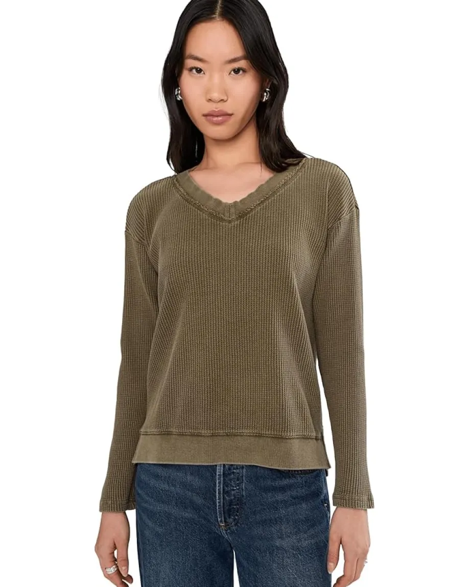 Women Mod-o-doc Long Sleeve Open V-neck Waffle Top