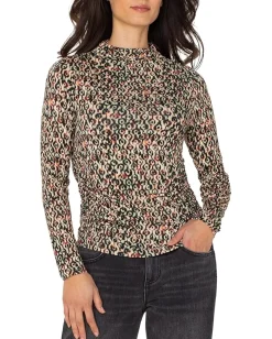 Women Liverpool Los Angeles Long Sleeve Pleasted Mock Neck Knit Top with Shirring