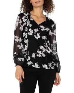 Women Liverpool Los Angeles Long Sleeve Popover Shirred Woven Blouse