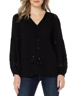 Liverpool Los Angeles Long Sleeve Popover Shirred Blouse Black Sale