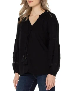 Liverpool Los Angeles Long Sleeve Popover Shirred Blouse Black Sale