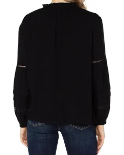 Liverpool Los Angeles Long Sleeve Popover Shirred Blouse Black Sale
