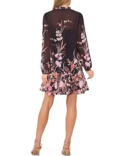 CeCe Long Sleeve Printed Dress With Tie Front Rich Black Outlet